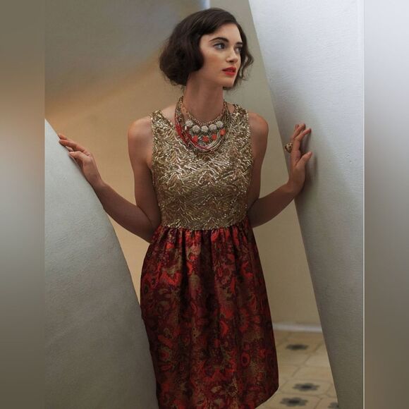 Anthropologie wren gold sequin jacquard sleeveless dress - Size Small - Picture 2 of 11